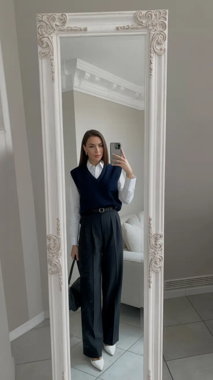 essential spring work outfits 2026 Navy Sweater Vest With Tailored Black Simplicity
