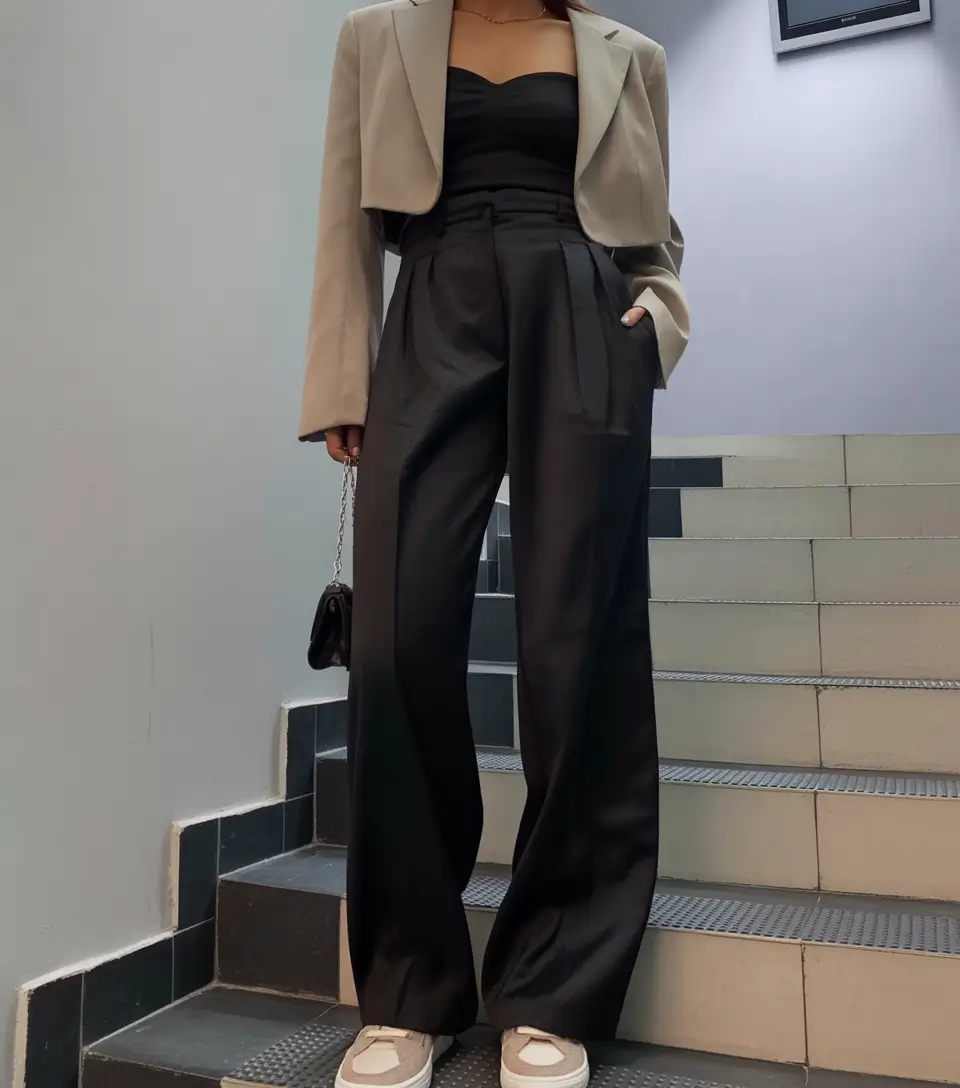 essential spring work outfits 2026 Black Satin Trousers with a Cropped Blazer for Modern Office Chic