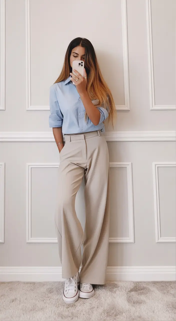 essential spring work outfits 2026 Blue Button Down and Light Trousers for Classic Spring Professionalism