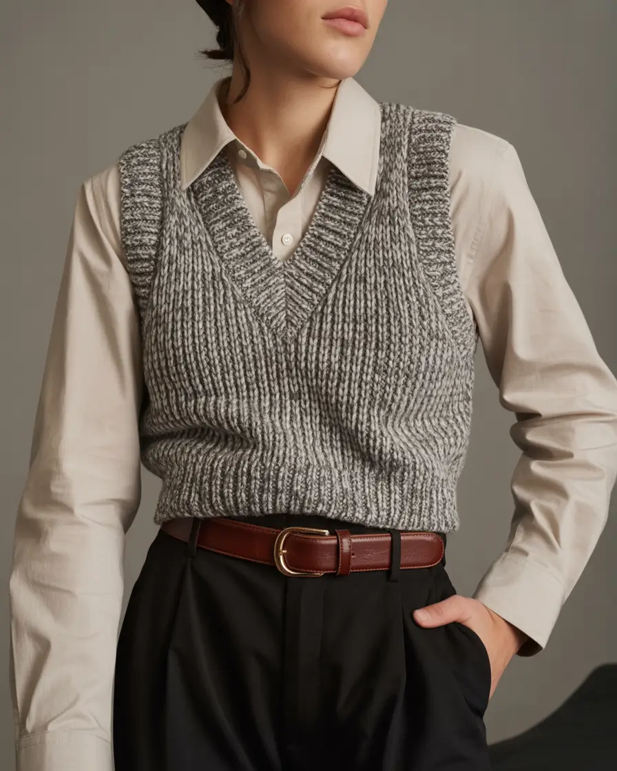 essential spring work outfits 2026 Textured Knit Vest with Tailored Trousers for Smart Spring Layers
