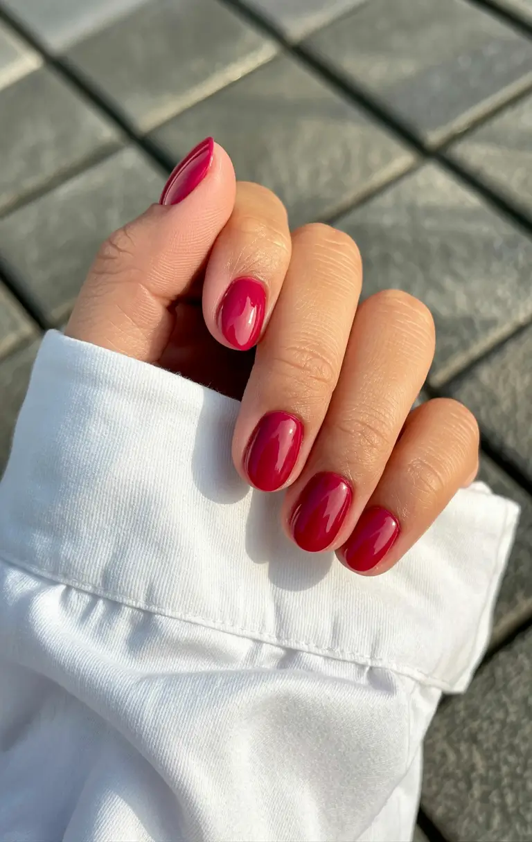 feminine classy spring nails 2026 Bold Cherry Red Short Almond Pop