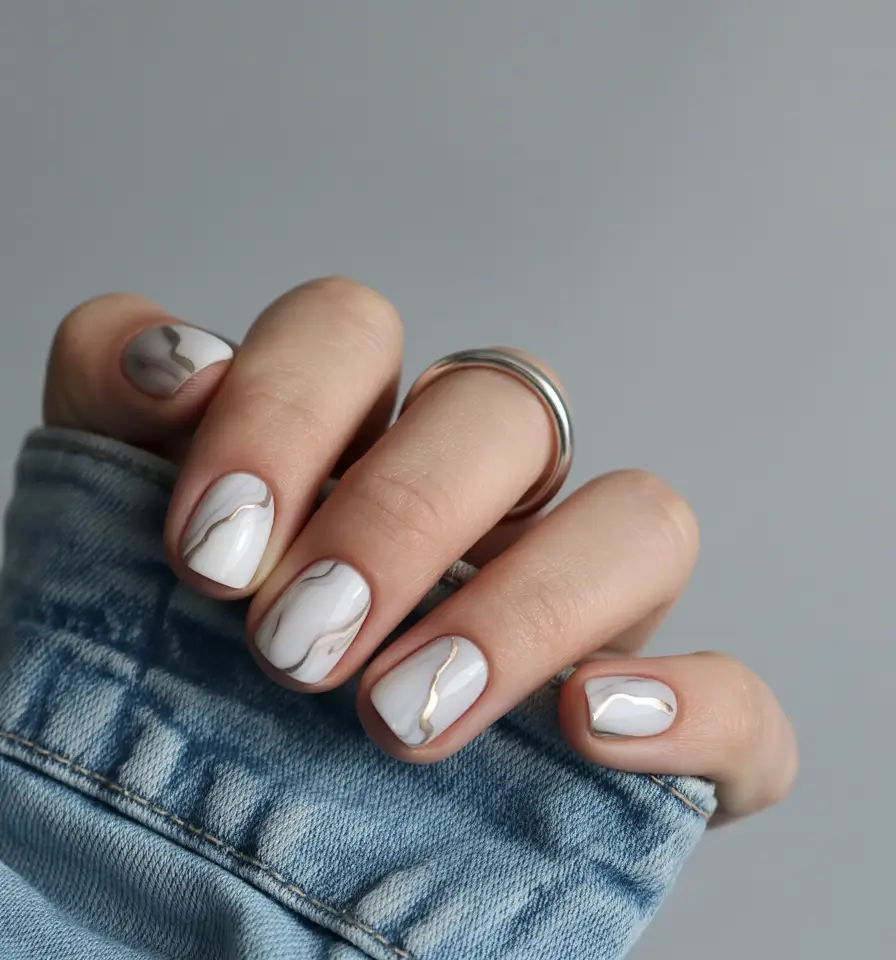 feminine classy spring nails 2026 White Marble Short Square With Gold Lines