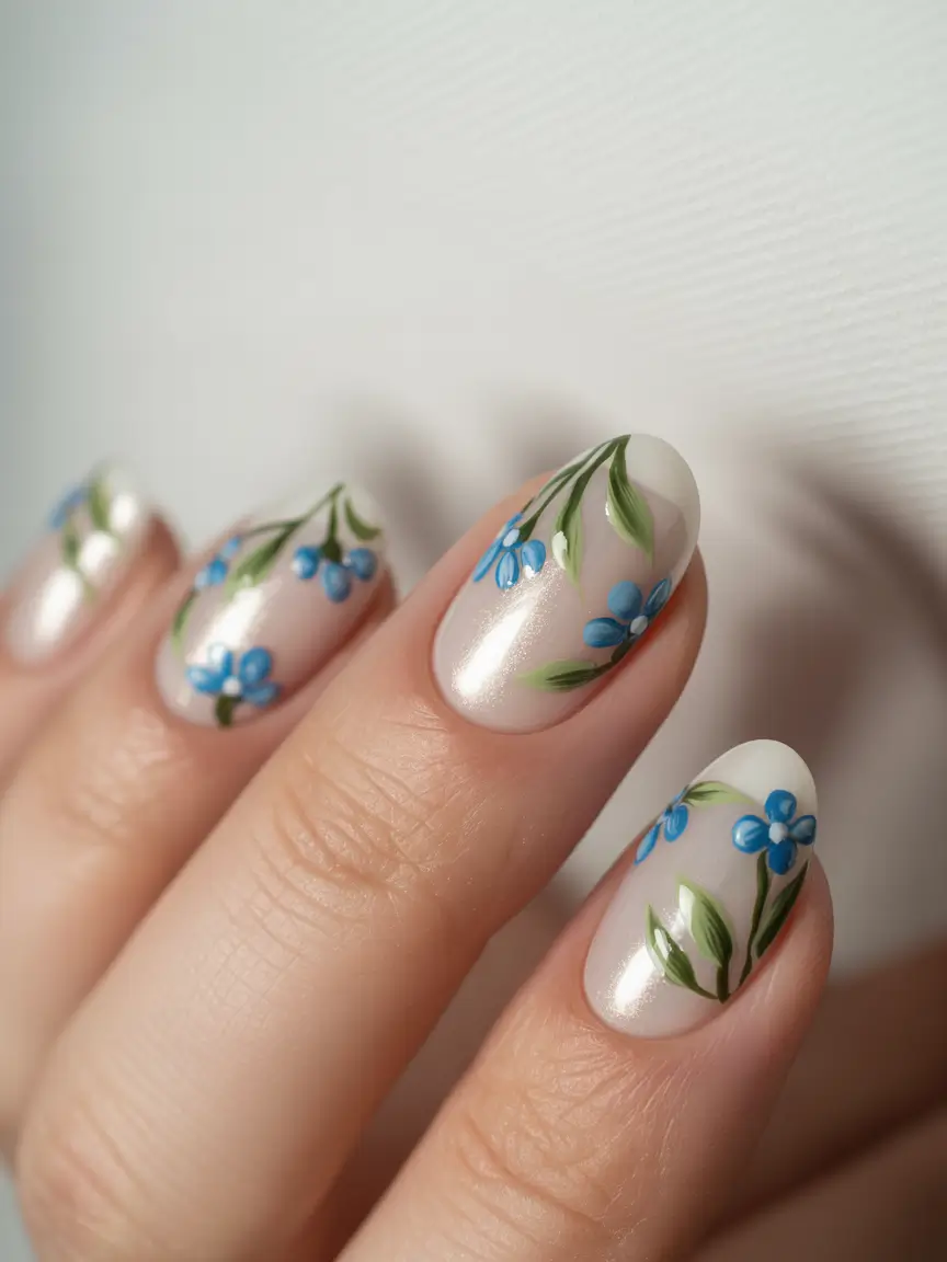 feminine classy spring nails 2026 White Pearl Base With Blue Floral Almond Art