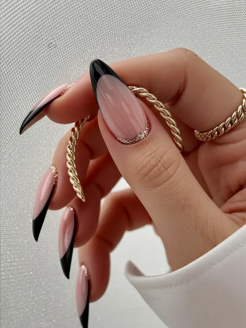 feminine classy spring nails 2026 Black Tip Almond French With Gold Detail