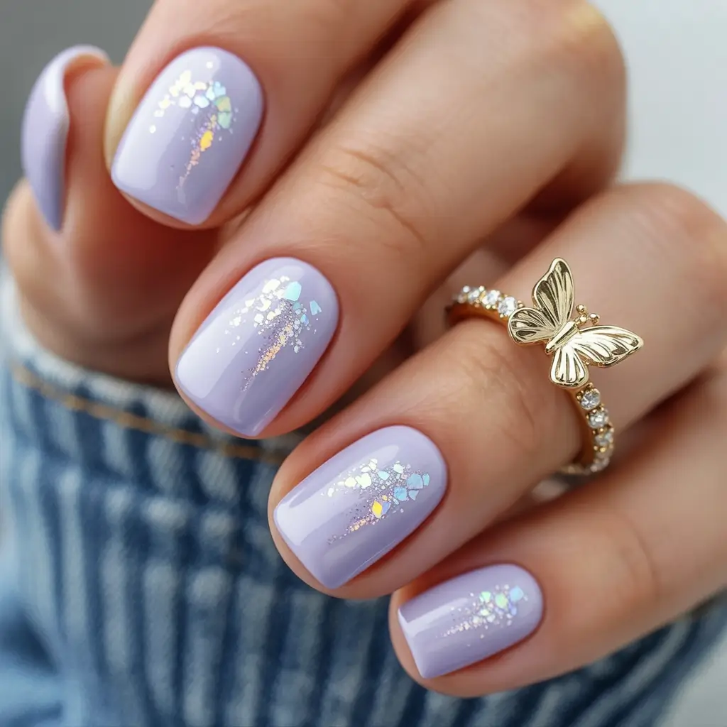 feminine classy spring nails 2026 Lavender Short Square With Iridescent Sparkle