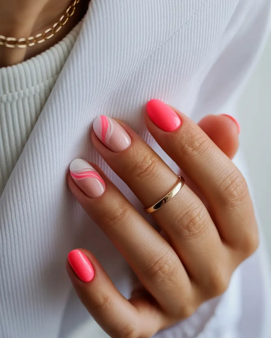feminine classy spring nails 2026 Neon Pink Short Almond With Soft Wave Art