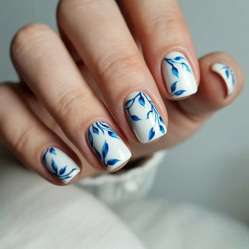 feminine classy spring nails 2026 White and Blue Botanical Square Design