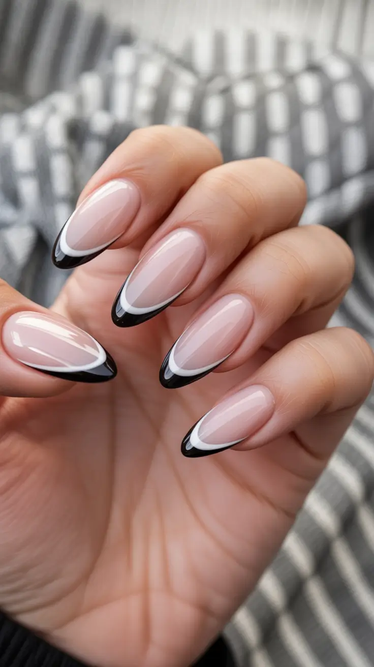 feminine classy spring nails 2026 Black Tip Almond French Modern Edge