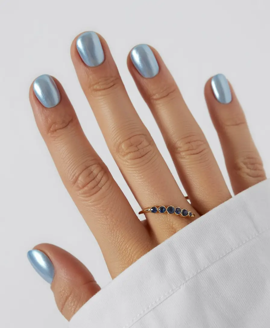 feminine classy spring nails 2026 Metallic Baby Blue Short Spring Shine
