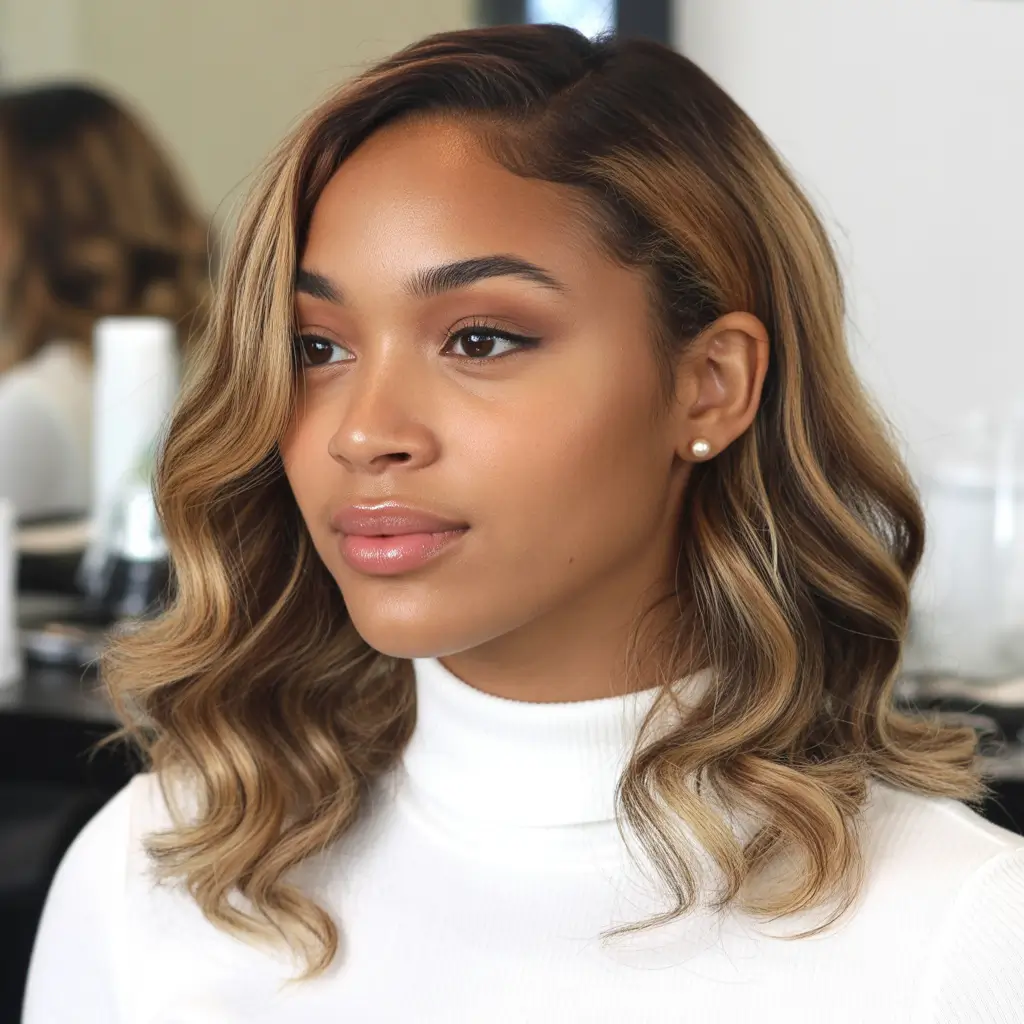 flawless spring hair color for brown skin 2026 Honeyed Wavy Bob With Warm Contour Glow