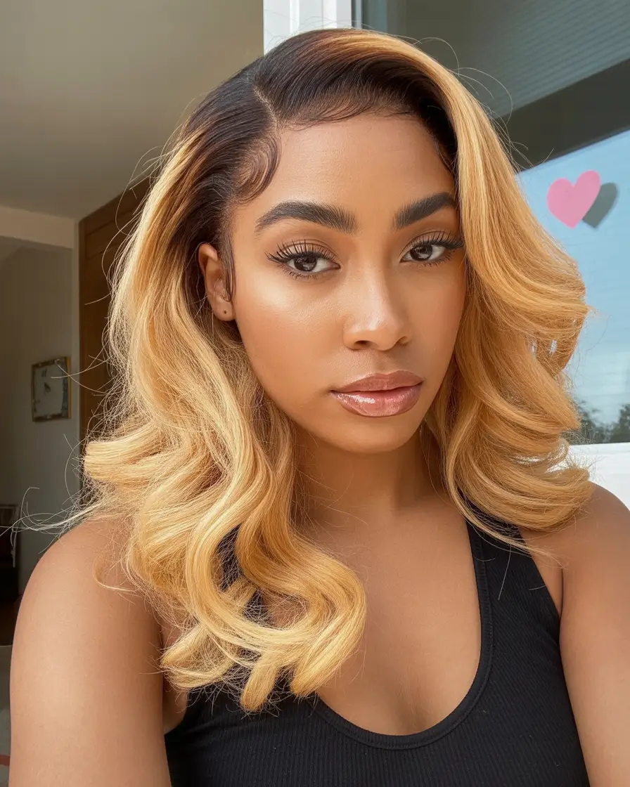 flawless spring hair color for brown skin 2026 Golden Butter Waves With Sculpted Volume