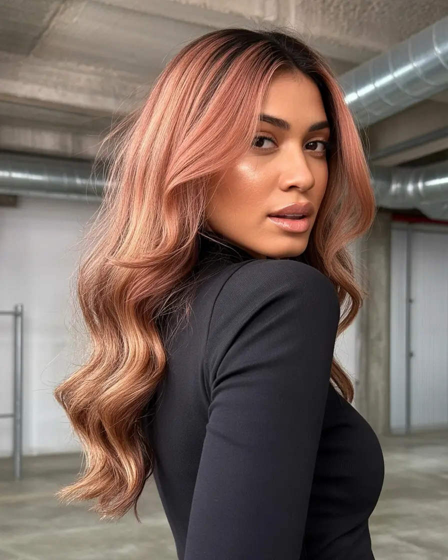 flawless spring hair color for brown skin 2026 Rose Gold Melt With Dimensional Spring Depth