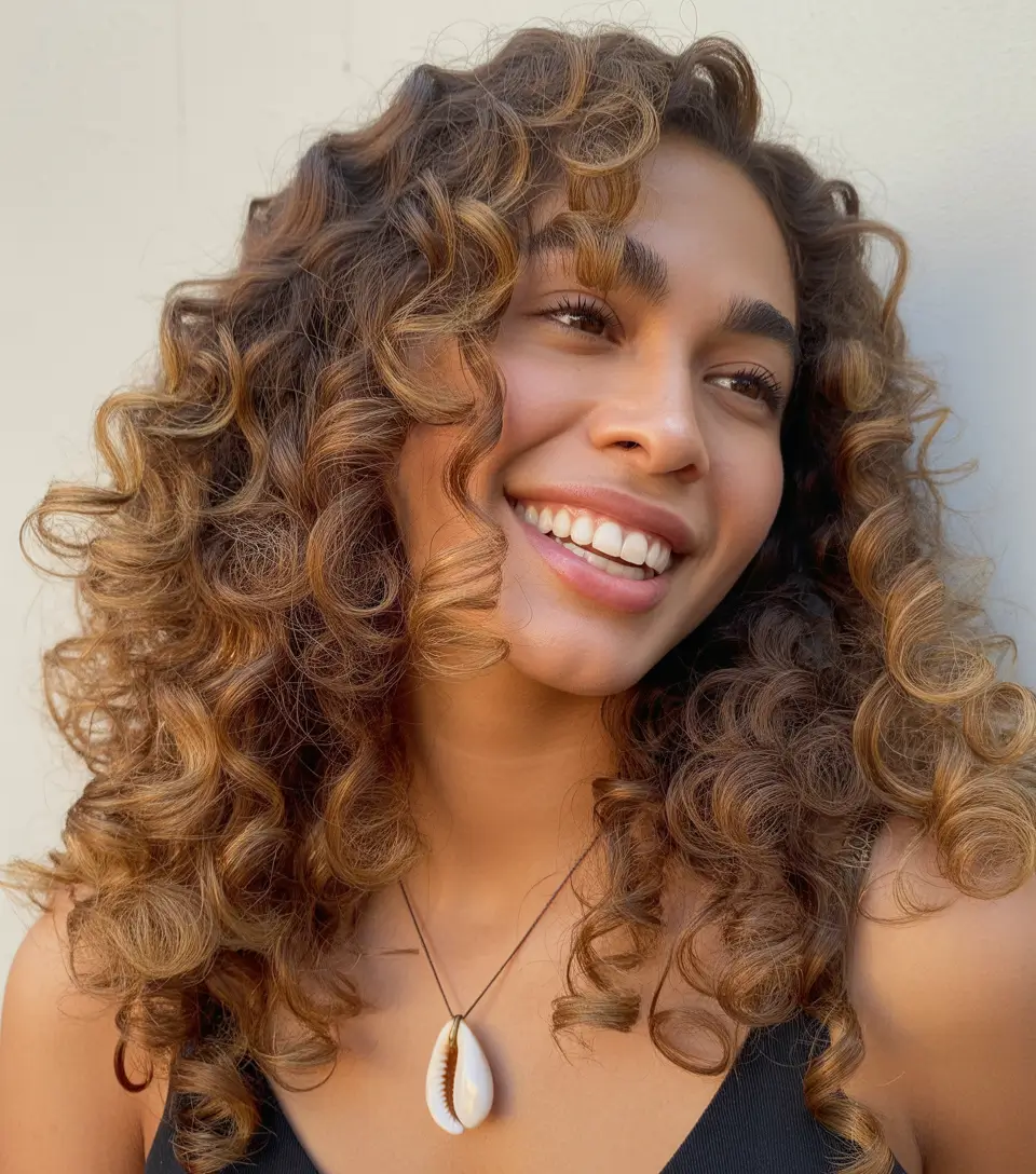 flawless spring hair color for brown skin 2026 Golden Curl Lightplay With Soft Spring Warmth