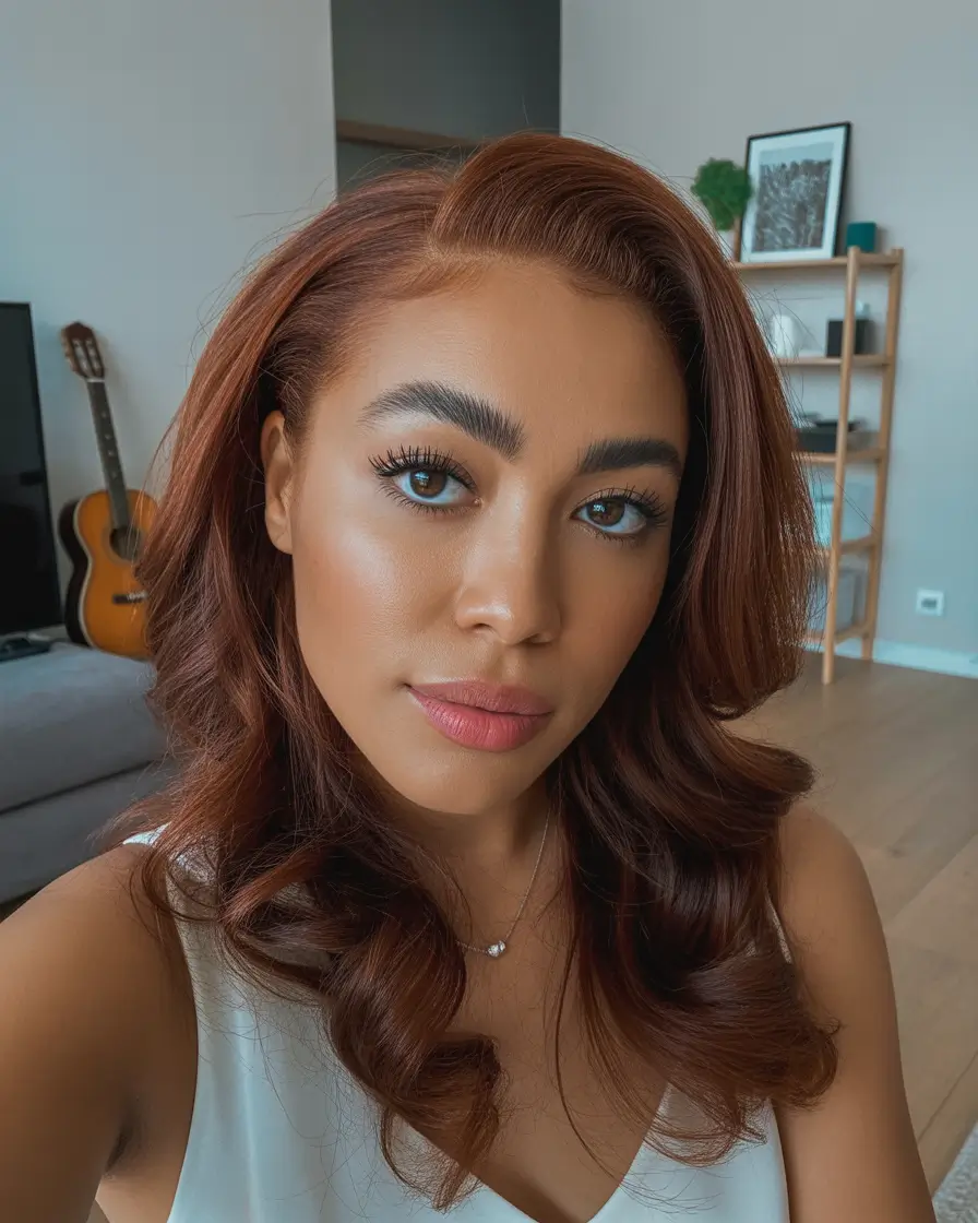 flawless spring hair color for brown skin 2026 Cinnamon Brunette Waves With Cozy Spring Depth