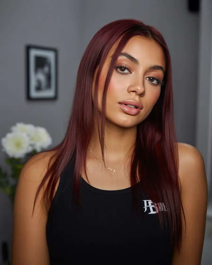 flawless spring hair color for brown skin 2026 Deep Berry Brunette With Sleek Spring Shine