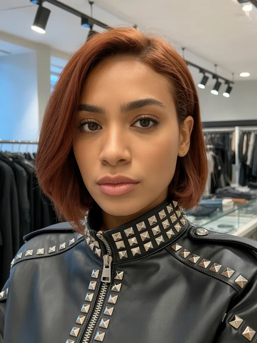 flawless spring hair color for brown skin 2026 Chestnut Copper Bob With Polished Edges