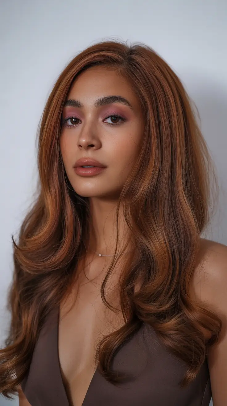 flawless spring hair color for brown skin 2026 Warm Caramel Flow With Dreamy Length and Soft Shine