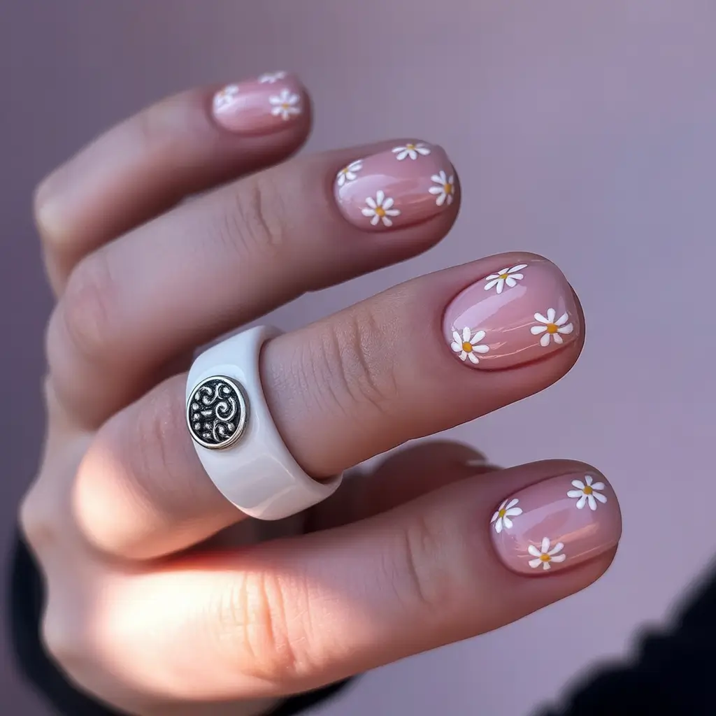 floral spring nails acrylic 2026 Soft Pink Almond Short With Daisy Flower Designs