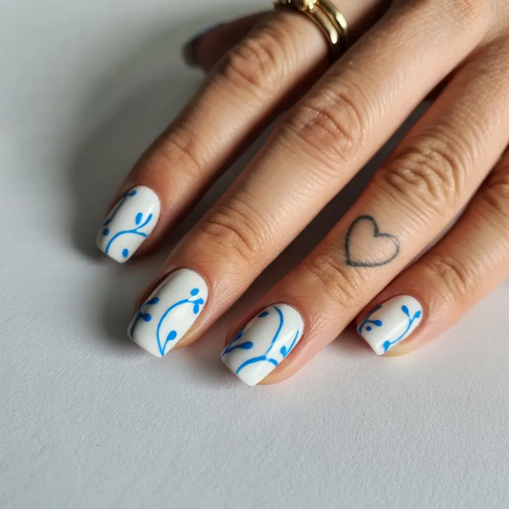 floral spring nails acrylic 2026 White Square Short With Blue Botanical Minimalism