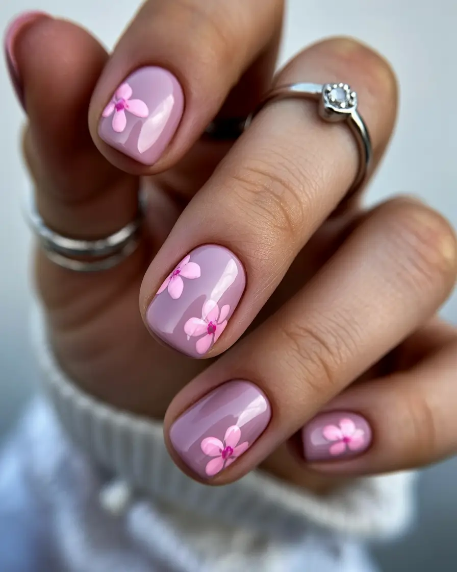 floral spring nails acrylic 2026 Glossy Pink Square Short With Delicate Blossom Accents