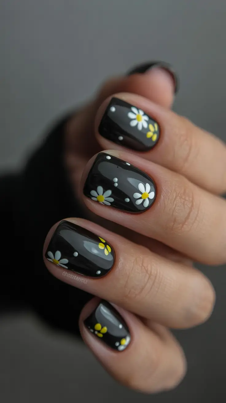 floral spring nails acrylic 2026 Charcoal Square Short With White And Yellow Daisies