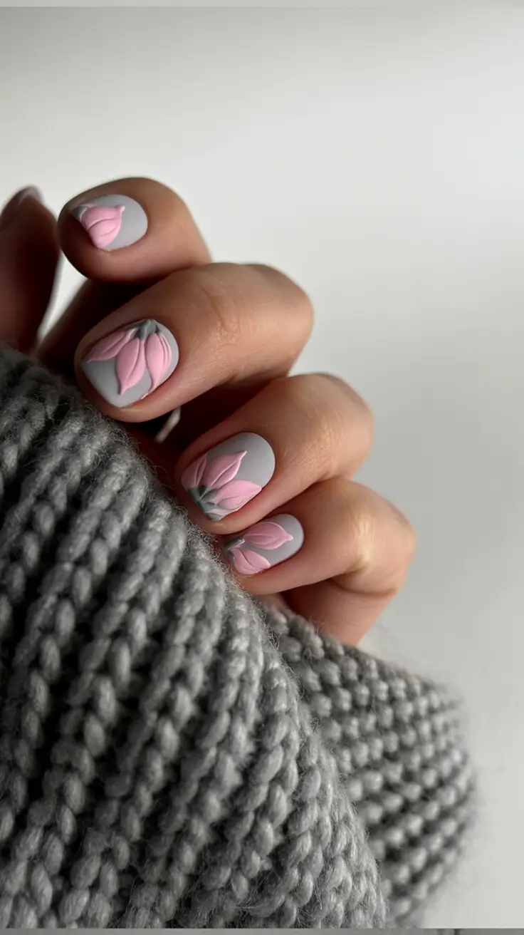 floral spring nails acrylic 2026 Soft Grey Almond Short With 3D Pink Floral Sculpting