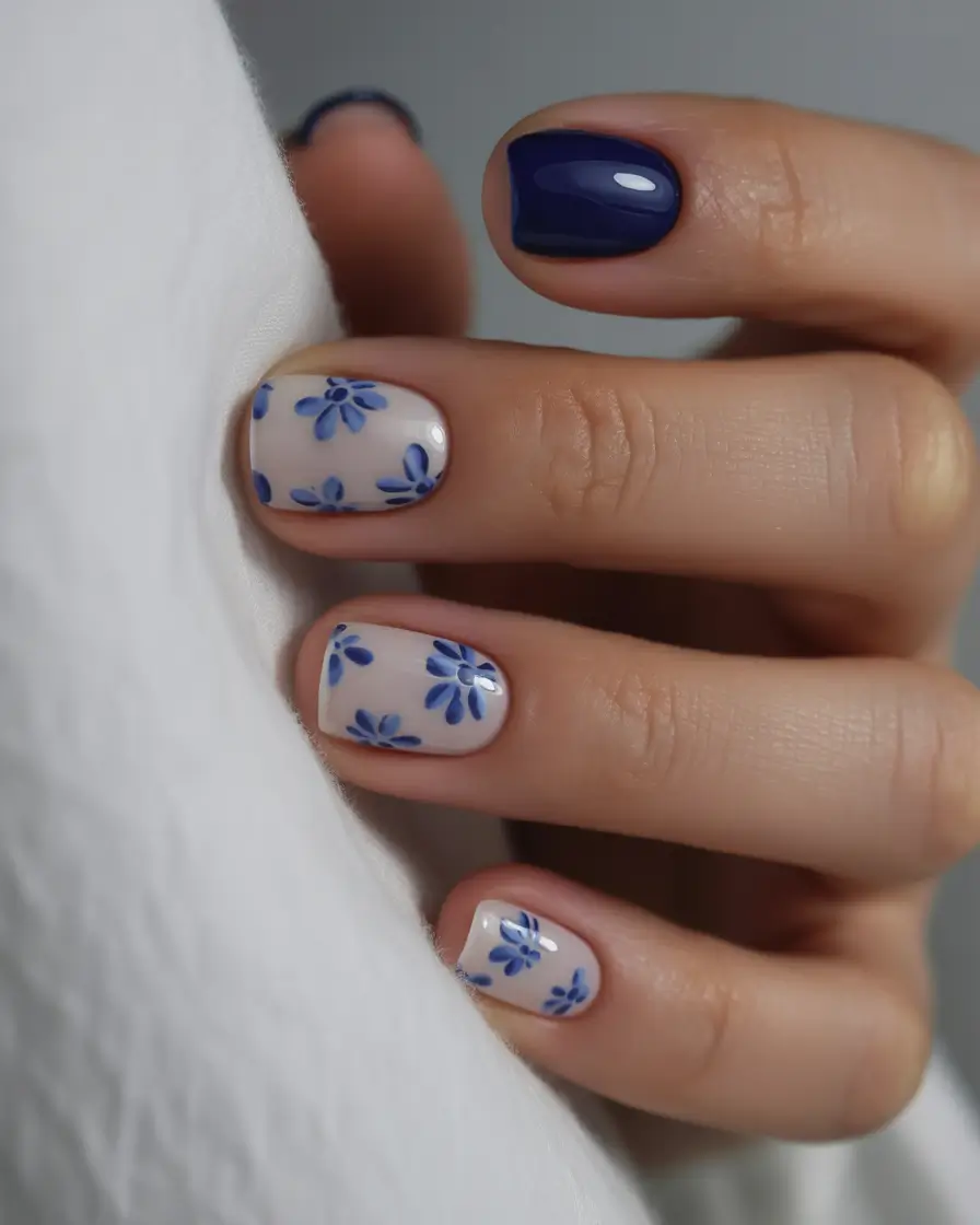 floral spring nails acrylic 2026 Cream Square Short With Blue Floral Pattern