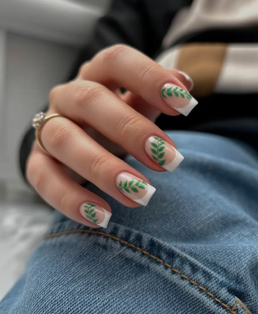 floral spring nails acrylic 2026 French Tip Square With Green Botanical Detail