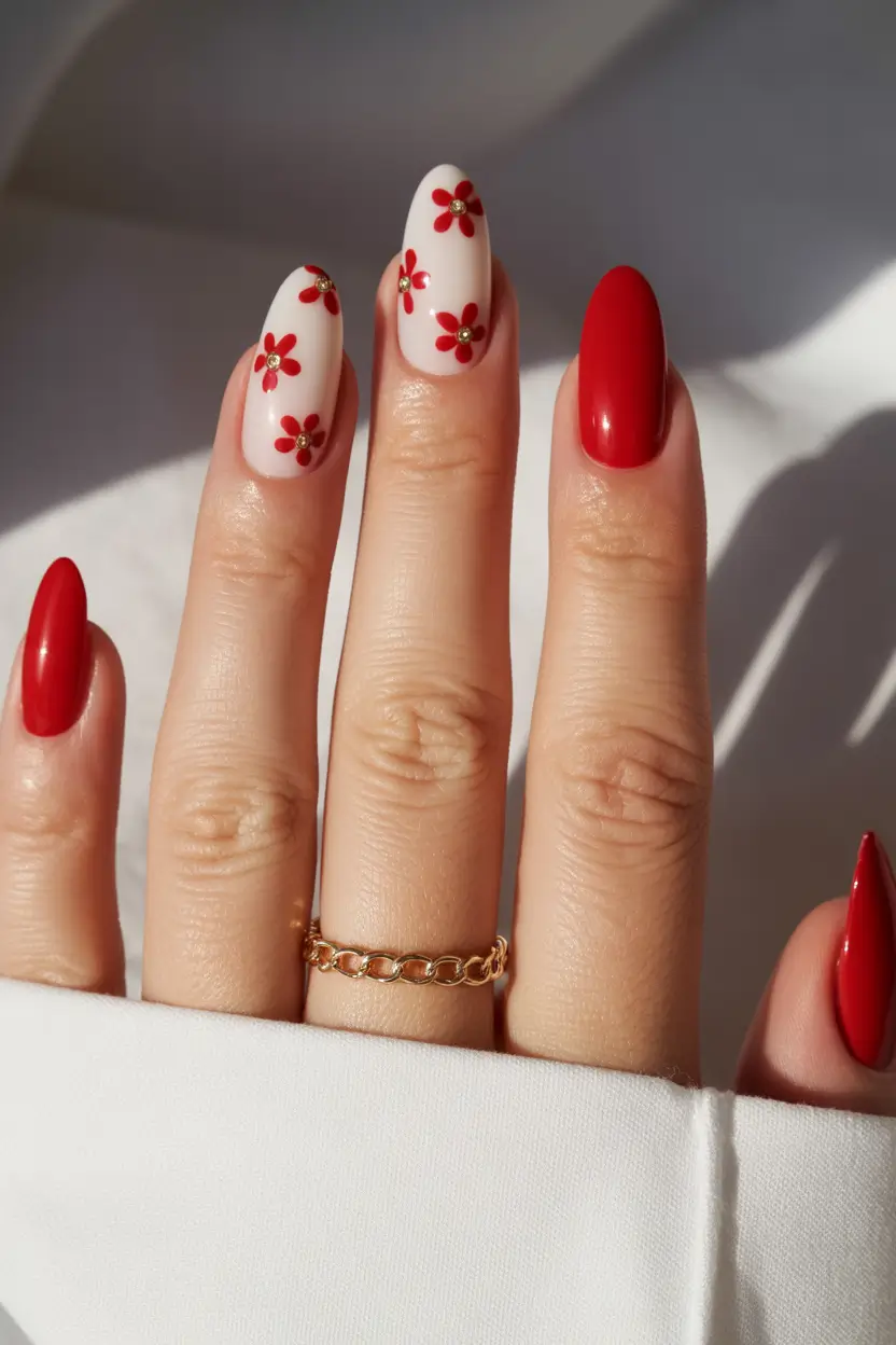 floral spring nails acrylic 2026 Red Almond Long With White Floral Accent