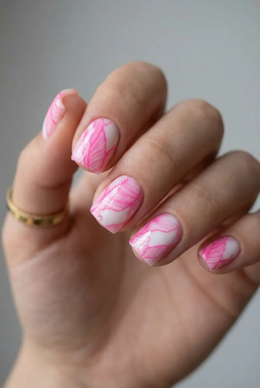 floral spring nails acrylic 2026 Soft Pink Square Short With Graphic Petal Lines