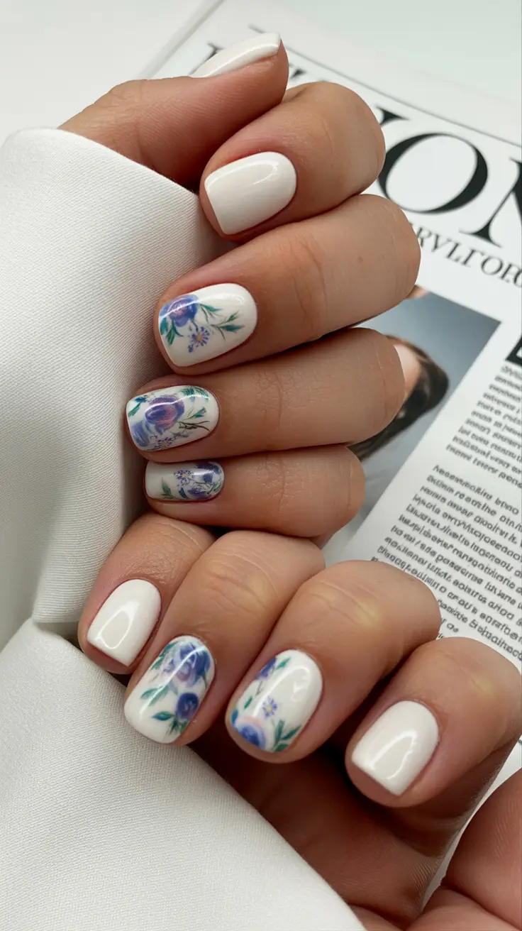 floral spring nails acrylic 2026 Classic White Square With Blue And Purple Floral Art
