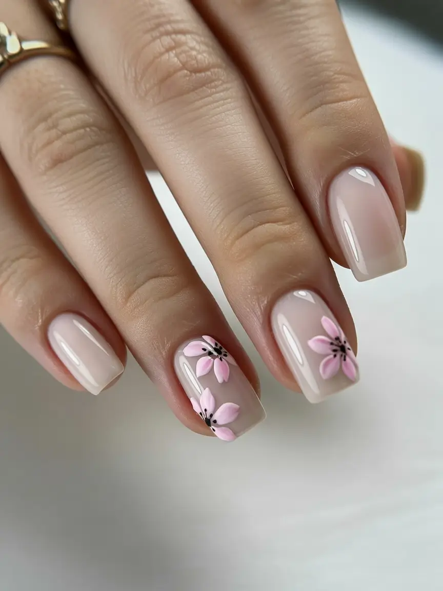 floral spring nails acrylic 2026 Neutral Square Short With Soft Pink Blossom Detail