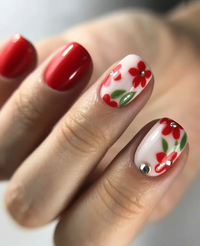 floral spring nails acrylic 2026 Red Glossy Short With Floral Accent And Rhinestone Details