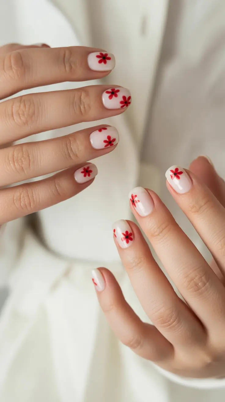 floral spring nails acrylic 2026 Milky White Short With Minimal Red Flower Scattering