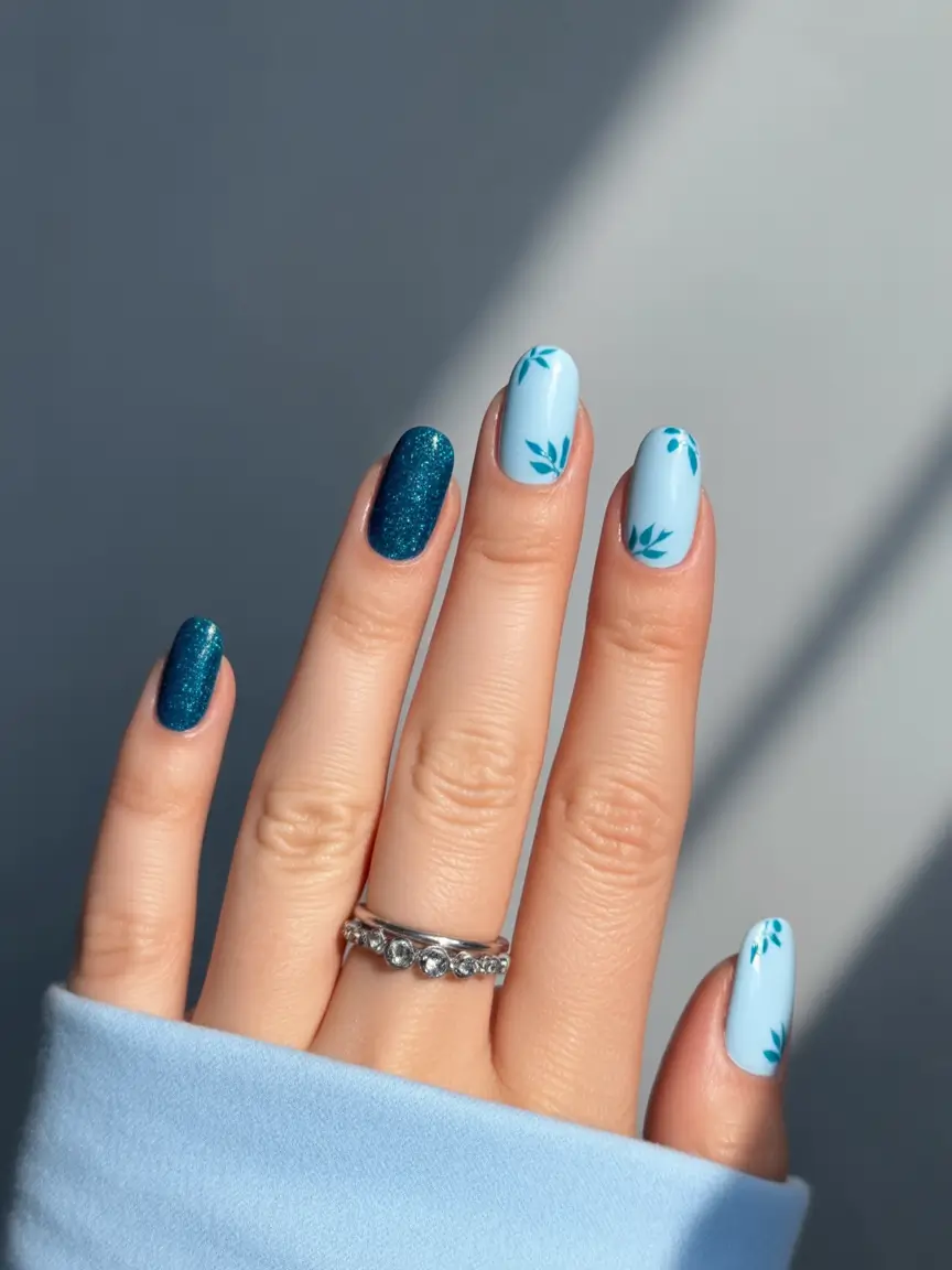 floral spring nails acrylic 2026 Light Blue Square Short With Minimal Leaf Details