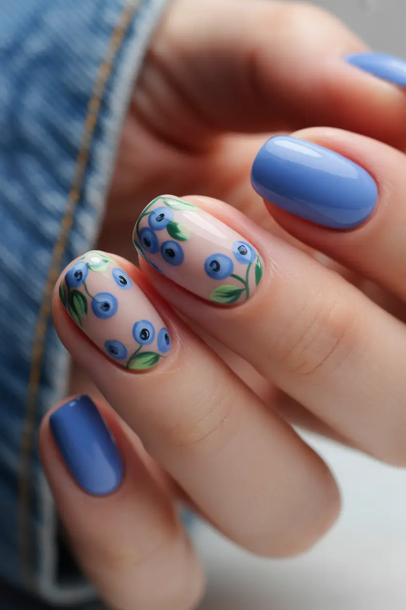 floral spring nails acrylic 2026 Blue Floral Medium With Botanical Accent Art