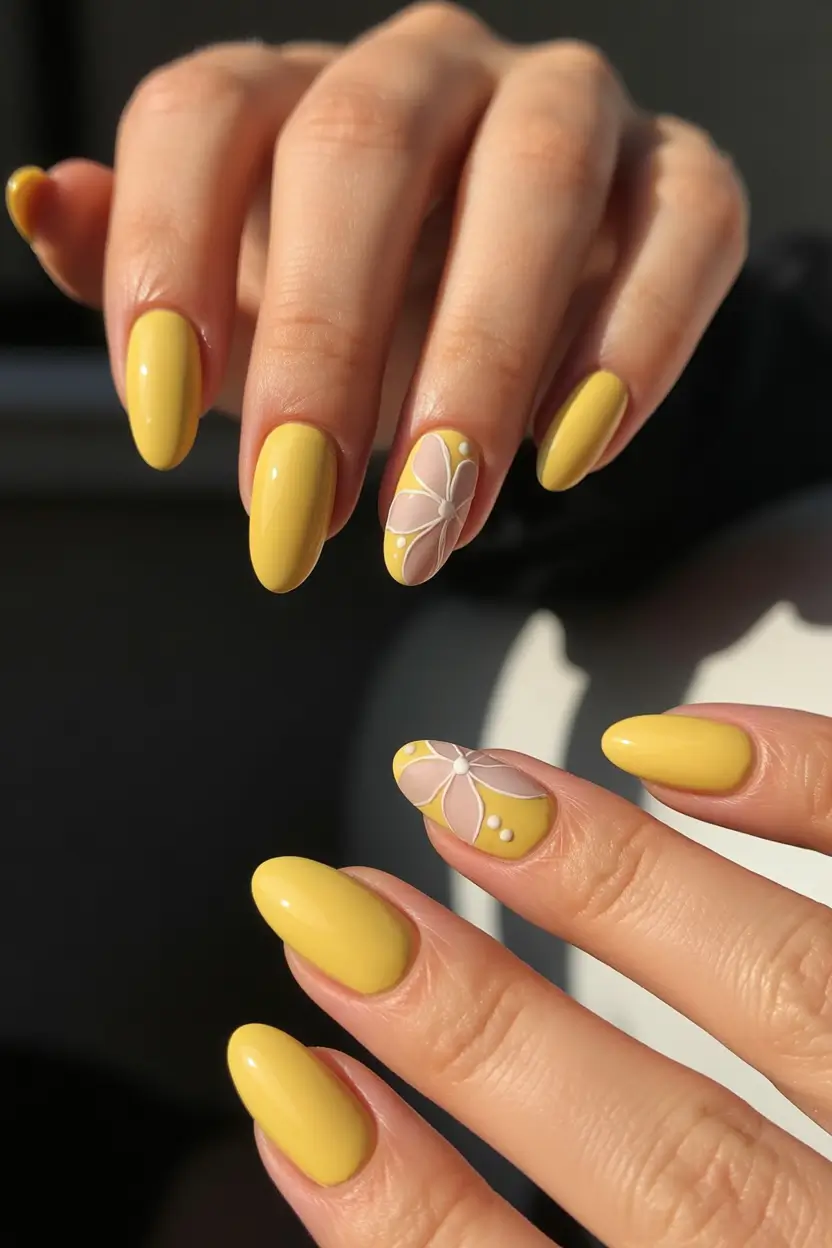 floral spring nails acrylic 2026 Coffin Long Yellow With Soft Petal Accent