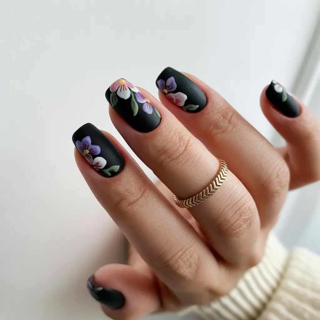 floral spring nails acrylic 2026 Matte Black Square Short With Hand Painted Purple Florals