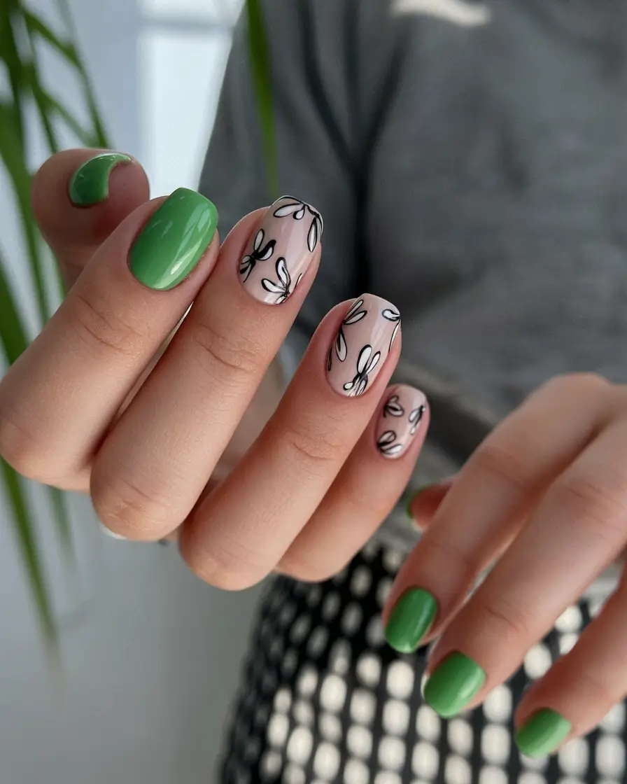 floral spring nails acrylic 2026 Fresh Green Almond Short With Minimal Line Art Flowers