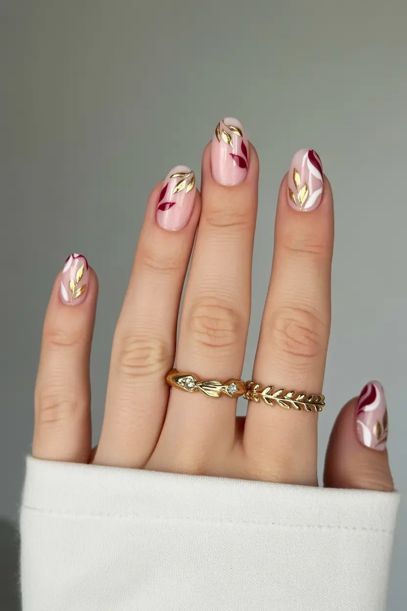 floral spring nails acrylic 2026 Soft Pink Almond Medium With Red And Gold Leaf Details