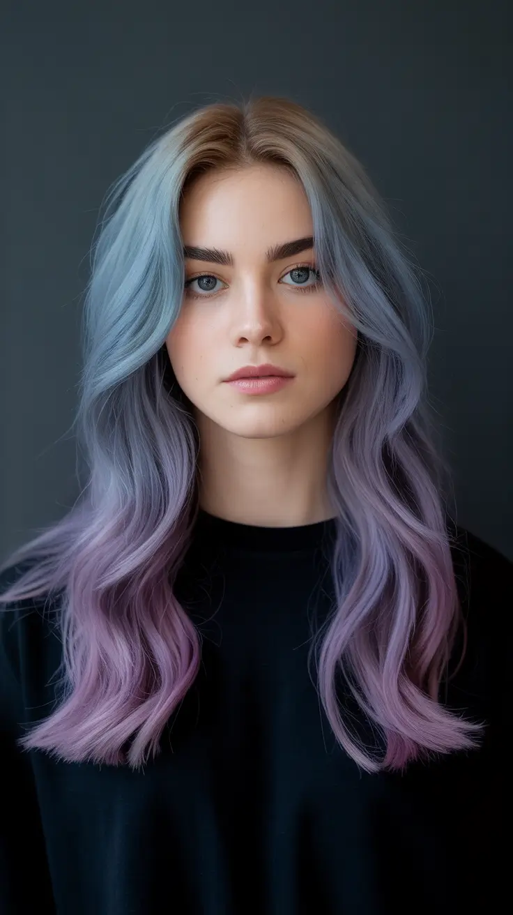 gorgeous spring hair color light skin 2026 Pastel Blue And Lilac Blend With Soft Gradient Flow