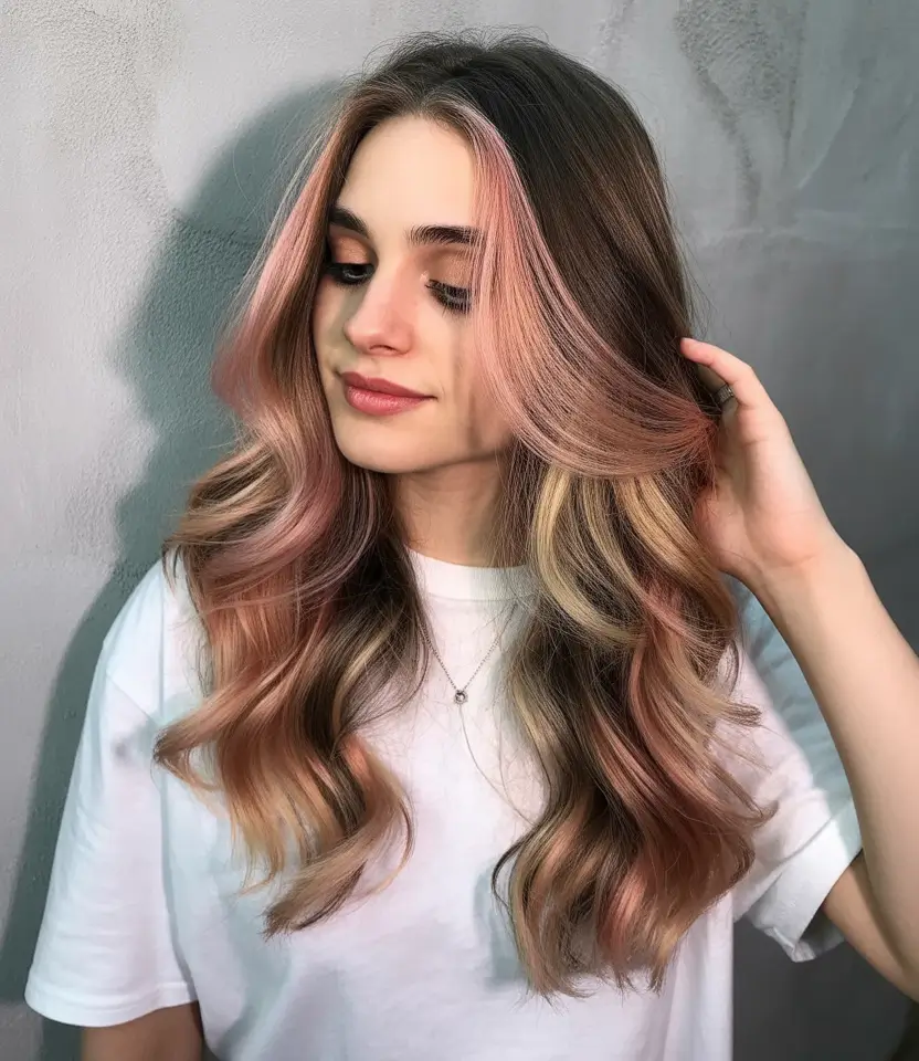 gorgeous spring hair color light skin 2026 Peach Rose Highlights With Lived In Waves