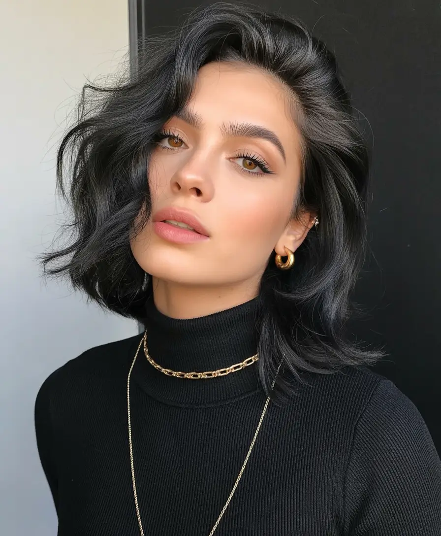 gorgeous spring hair color light skin 2026 Deep Midnight Bob With Subtle Textured Lift