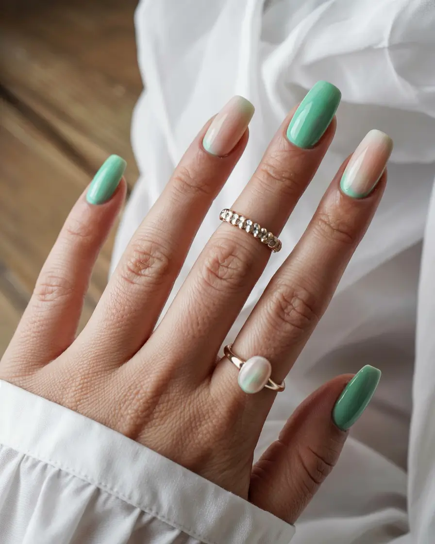 March Nail Colors - spring Ideas 2026 Mint and Nude Fade for a Soft Spring Transition