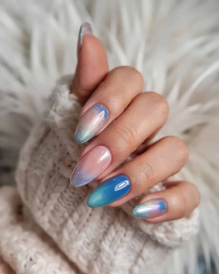 March Nail Colors - spring Ideas 2026 Blue Aurora Glow for a Soft Spring Fantasy