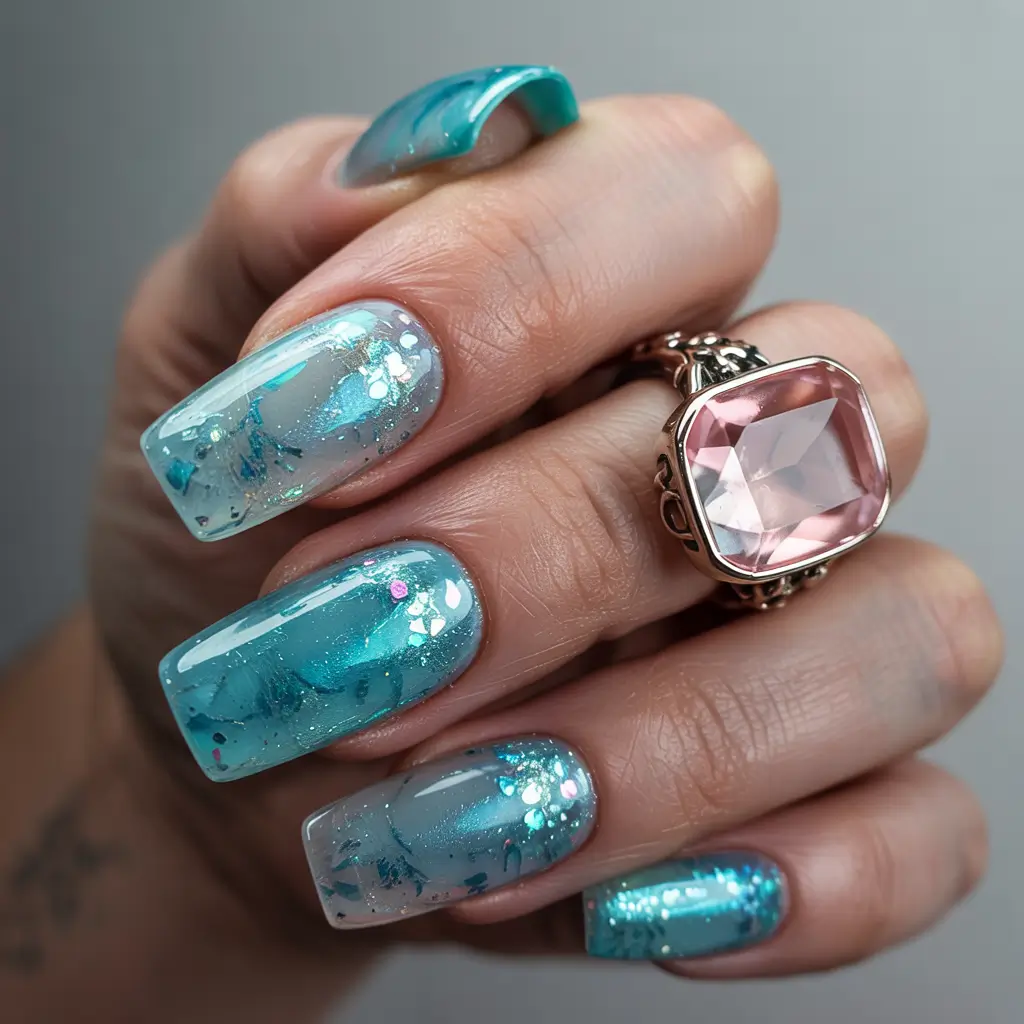 March Nail Colors - spring Ideas 2026 Turquoise Glitter Drift for a Sparkling Spring Statement