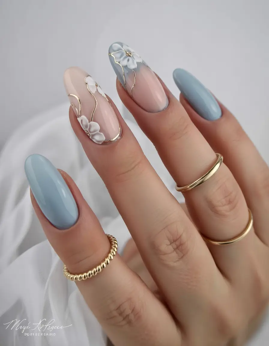 March Nail Colors - spring Ideas 2026 Porcelain Petals with Gold Traces for a Luxe Spring Moment