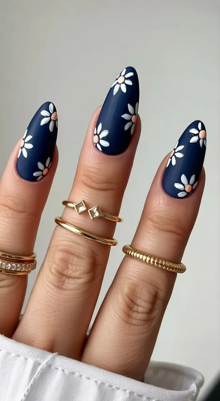 March Nail Colors - spring Ideas 2026 Midnight Daisies for a Playful Spring Contrast