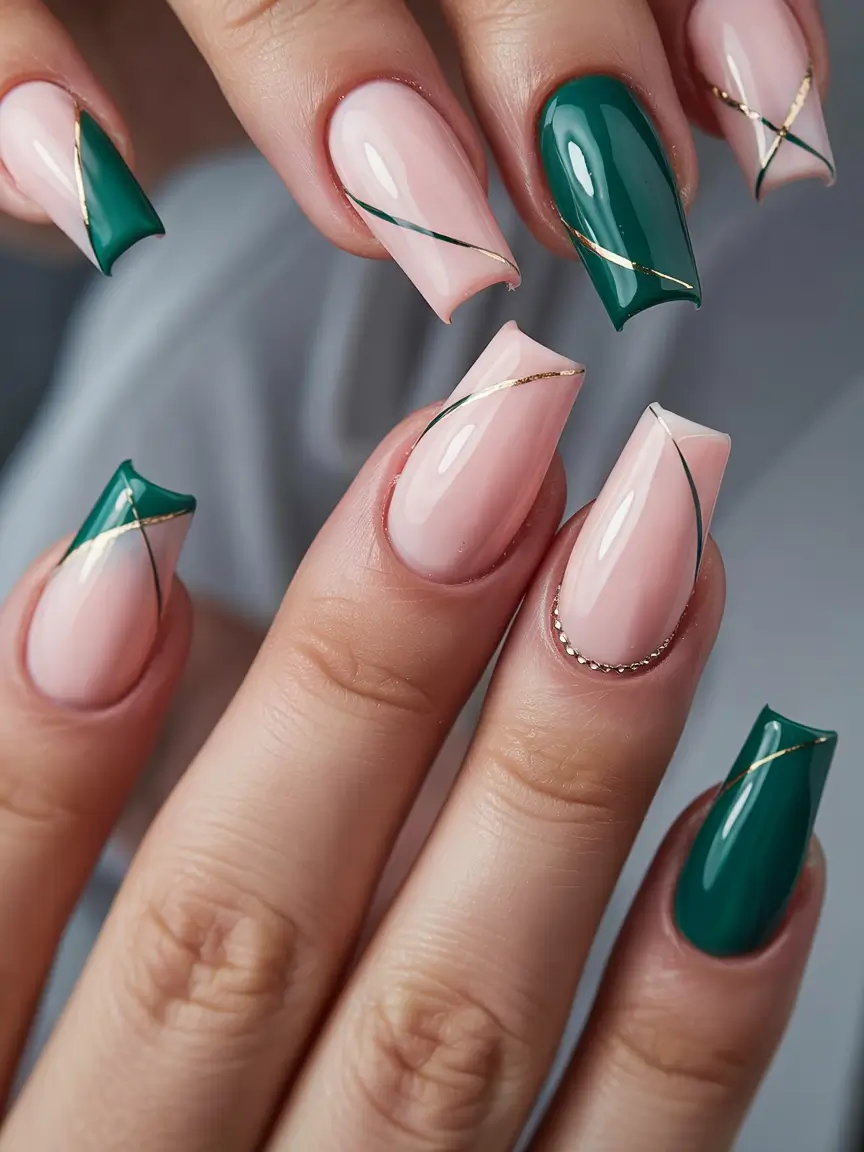 March Nail Colors - spring Ideas 2026 Emerald Chic Lines for a Sophisticated Spring Mood
