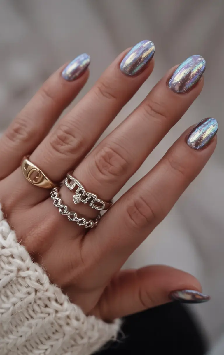 March Nail Colors - spring Ideas 2026 Iridescent Silver Glow for a Mirrorlike Spring Shine